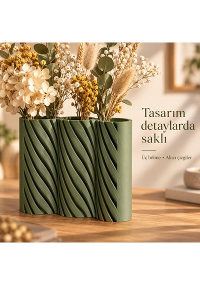 Çizgili Modern Tasarım Üç Bölmeli Dekoratif Vazo - Çiçeklik Haki