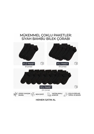 Genel Erkek Bambu Patik Çorap 6'lı Nefes Alan Nem Emici Yumuşak, Siyah Beyaz Gri Gü Siyah 6'lı / 39-44