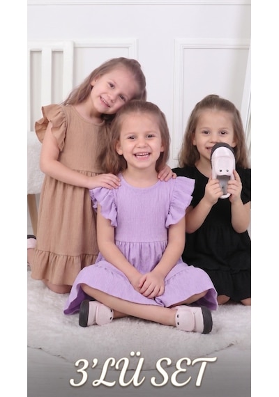 New Kids 3 Lü Set Kız Çocuk Elbise 3 Adet Yeni Sezon Yazlık -91205 Çok Renkli