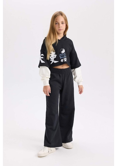 DeFacto Kız Çocuk 2'li Takım Bisiklet Yaka Baskılı Sweatshirt Beli Lastikli Jogger Eşofman Altı D4066A824WNBK26 Siyah