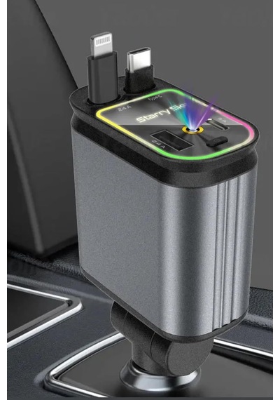 Acl Acc-01 Rgb Işıklı 66w Araç Şarj Cihazı 4in1 Geri Çekilebilir Kablo Type-c + Lightning Yıldızlı Tavan