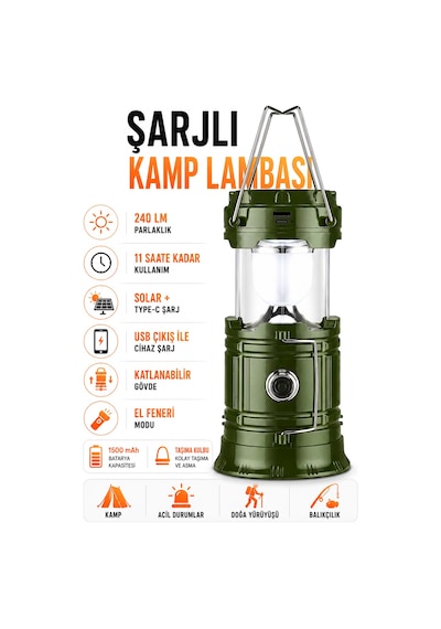 4 Adet Şarjlı Solarlı Kamp Lambası El Feneri Powerbank Özellikli Taşıma Kulplu Haki 5800t Yeşil