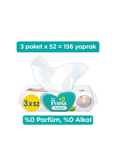 Prima Islak Havlu 3 Paket 156 Yapraklı Sensitive Islak Mendil
