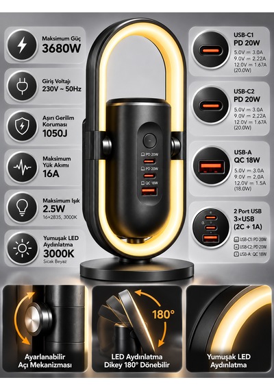 Akım Korumalı 2'li Priz 2 Type-c 1 Usb Led Gece Lambalı Priz Çoklayıcı Güç Ünitesi 0 - 2 M