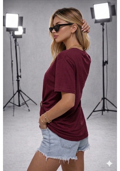 Ribana Kadın Bisiklet Yaka Kısa Kollu Gold Yan Toka Detaylı T-shirt 5035 Bordo