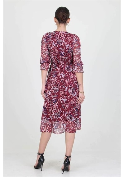 Dip Moda Kadın Kalp Yaka Desenli Şifon Elbise Dpry0030 Bordo