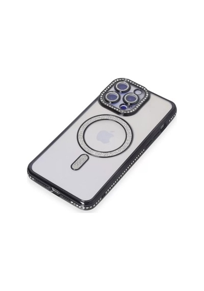 Newface Apple İphone 15 Pro Max Kılıf Joke Simli Magneticsafe Kılıf - Siyah Şeffaf