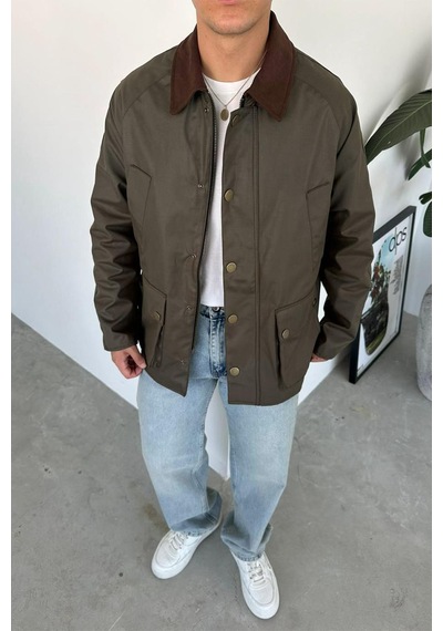 Haki Waxed Çıt Çıt Cep Detay Oversize Ceket Haki