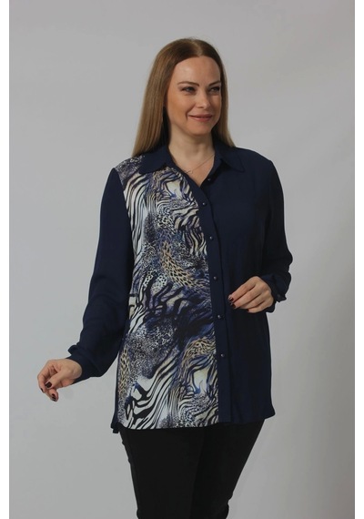 Moda Berray 2320 Leopar Desenli Şifon Gömlek Lacivert