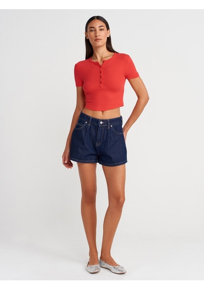 Dilvin 31647 Düğme Detaylı Crop Top-kırmızı Kirmizi