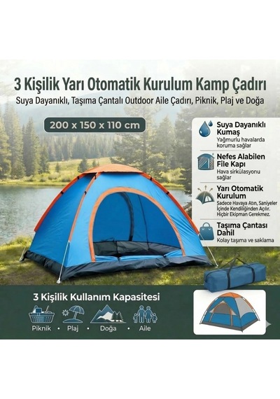 3 Kişilik Yarı Otomatik Kurulum Kamp Çadırı Suya Dayanıklı, Taşıma Çantalı Outdoor Aile Çadırı, Piknik, Plaj Ve Doğa 200x150x110 Cm Bx40 Acı Kahverengi