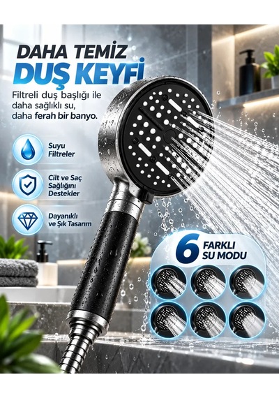 Büyük Panelli 6 Farklı Su Modlu Filtreli Duş Başlığı Siyah Metalik Tasarım Diğer