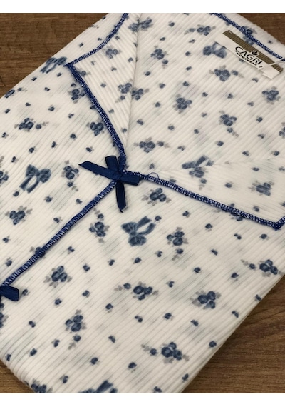 Çağrı Kadın %100 Pamuk Raporlu Fitilli Kısa Kollu Önü Düğmeli Pijama Takım Mavi