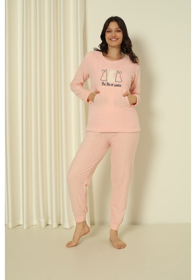 Wordex Fwn 04-3302 Peluş Welsoft Polar Kışlık Yumoş Tavşanlı Kadın Pijama Takımı Soft Pembe