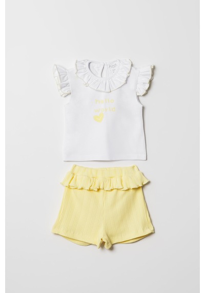 Hafy Baby Hello World Nakışlı, Fırfır Yakalı, Kız Bebek Şortlu Takım Beyaz - Sarı Hafy Baby Hello World Nakışlı, Fırfır Yakalı, Kız Bebek Şortlu Takım Beyaz - Sarı