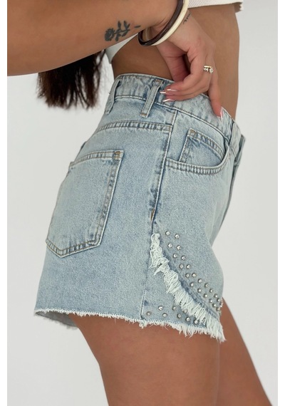 Püskül Taş Detaylı Denim Şort Mavi