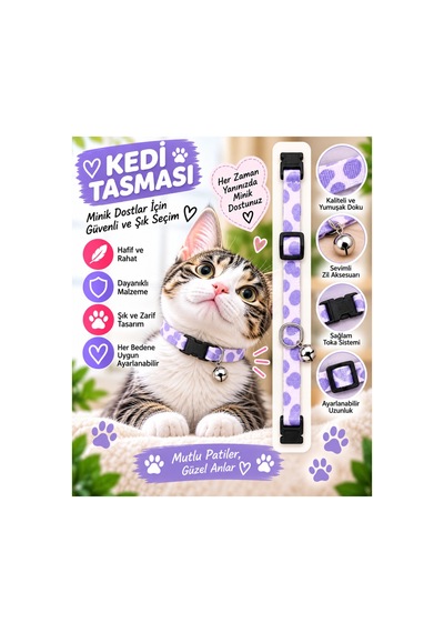 Kedi Tasması Lila Puantiyeli Zilli Ayarlanabilir Boyun Tasması