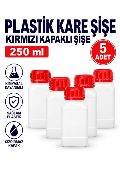 Plastik Kare Şişe 250 Ml - Kırmızı Kapaklı Şişe 5 Adet