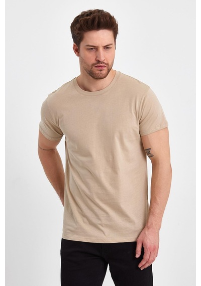 Erkek Sıfır Yaka Tshırt Oxford Tan