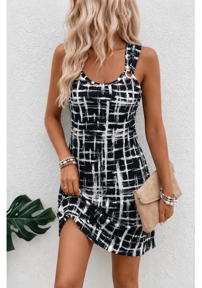 Efnaz Style Kadın Askılı Kuş Gözü Detaylı Desenli Süprem Elbise Siyah