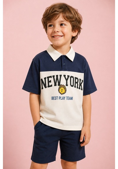Eray Alp Kids Erkek Çocuk Mavi Polo Yaka New York Tişört Yazlık Günlük Model