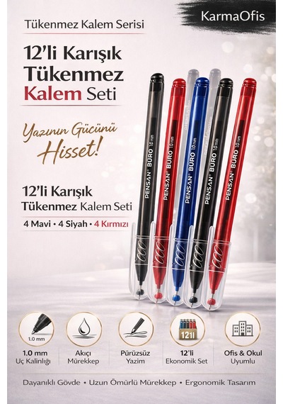 12'li Karışık Tükenmez Kalem Seti 1.0 Mm 4 Mavi 4 Siyah 4 Kırmızı Beyaz