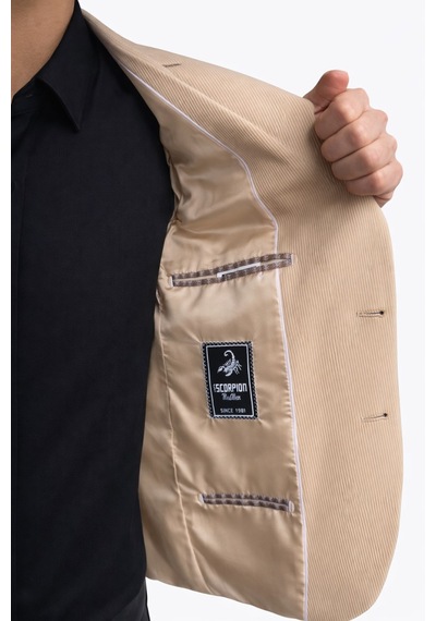 Plus Scorpion Erkek Slim Fit Ceket Likralı Fitilli Kumaş, Çift Düğmeli Tek Yırtmaçlı Modern Tasarım Krem
