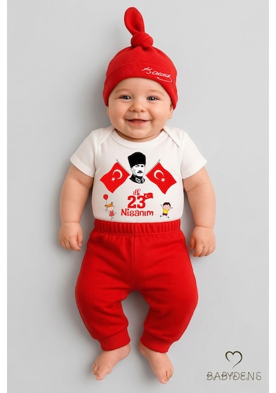 Babyden's İlk 23 Nisan Bayramı Bebek Takımı Atatürk Baskılı %100 Pamuk Kısa Kollu Body Pantolon Şapka Seti Kırmızı - Beyaz
