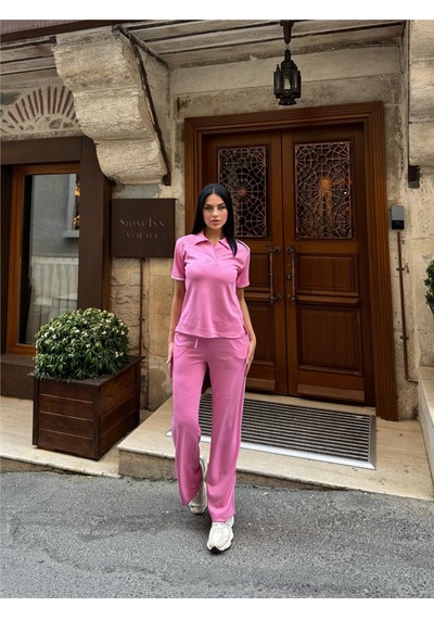 WeShaya Pembe Polyester Elastan Polo Yaka Takım Pembe