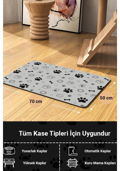 Matgo Pati Kedi Köpek Beslenme Matı 50x70cm Su Geçirmez Mama Kabı Altlığı Paspas Siyah Beyaz Patiler