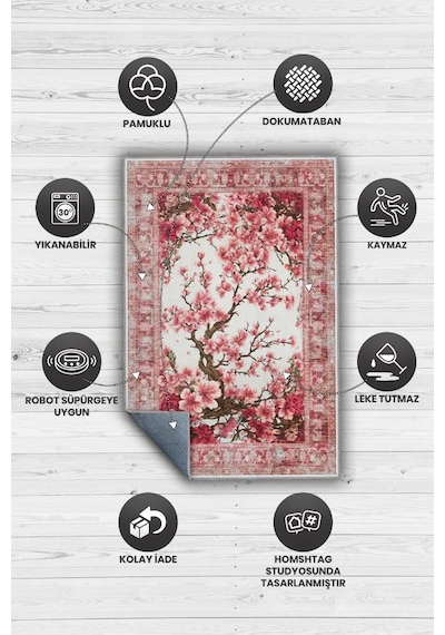 Homshtag Art Deco Bahar Çiçekleri Vintage Halı Görünümlü Dijital Baskı Pembe Halı,rustik Çiçekli Halı Çok Renkli