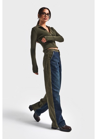 Itsbasic Kadın Haki Kot Rengi 2w5-31 Loose Fit Kadife Denim Kumaş Tasarım Denim Jean