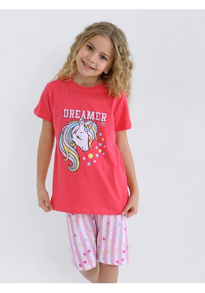 Kız Çocuk Kısa Kollu Kapri %100 Pamuklu Pijama Takımı Dreamer Girl Fuşya