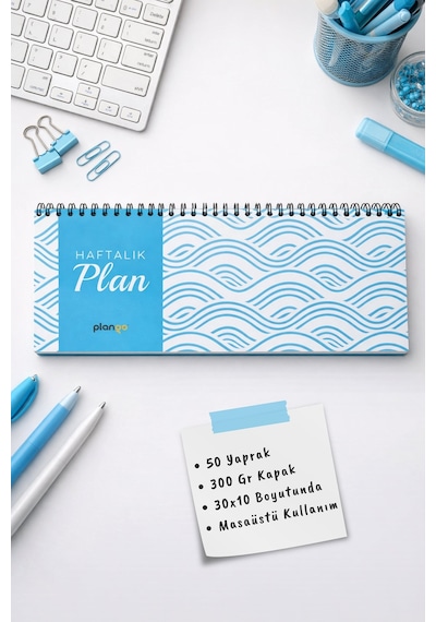 Tarihsiz Spiralli Haftalık Masaüstü Planlayıcı - Dalga - 10x30 Cm Plango Turkuaz