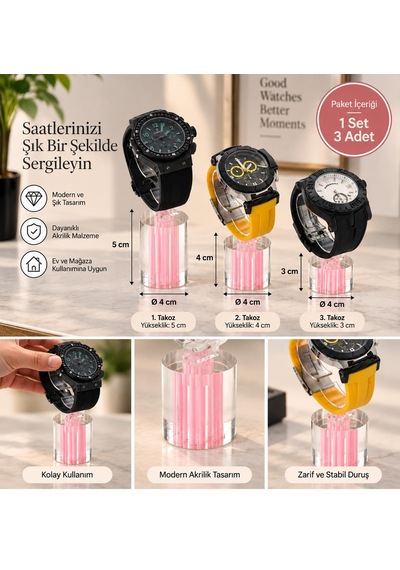 Saat Standı 3'lü Set Lazer Model Oval Pembe Pleksi