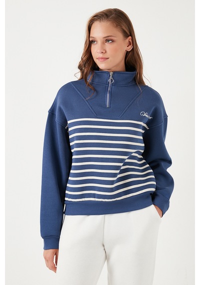 Lela Streç Oversize Fit Yarım Fermuarlı Dik Yaka Bayan Sweat 5865883 Indigo