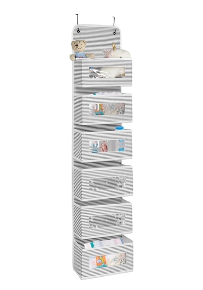 6 Katlı Kapı Arkası Düzenleyici Raf Bebek Eşyası Çocuk Odası Banyo Organizer Çizgili Beyaz - Gri