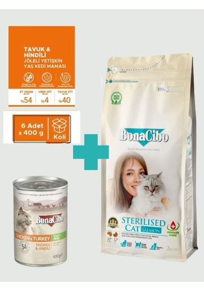 Bonacibo Kısırlaştırılmış Somonlu Kuru Mama 2 Kg + Tavuklu & Hindili Yaş Mama 400g X 6 Adet