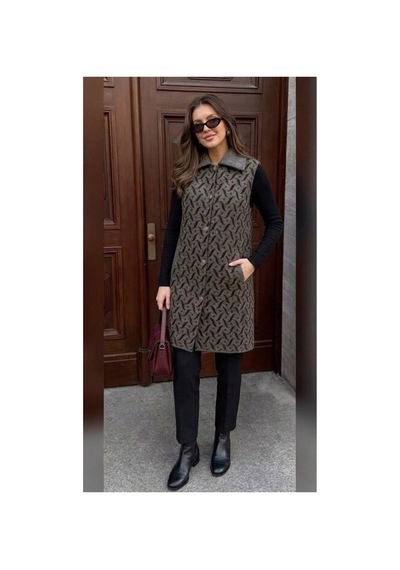 Onno Style Women Desenli Çelik Örgü Uzun Triko Kadın Yelek Kaban Gri