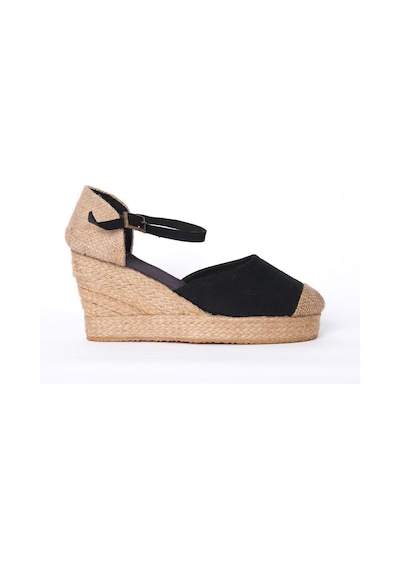 Star Tombis Gerçek Elişi Burnu Hasır Platformlu Dolgu Topuk Siyah Keten Hasır Espadril Handmade Siyah