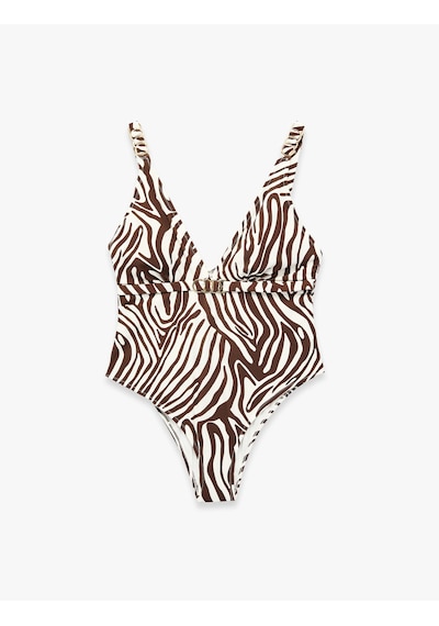 Koton V Yaka Metal Aksesuarlı Zebra Desenli Mayo Kahverengi Desenli 6sak20125mm