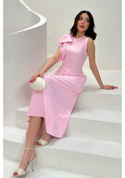 Duygudan Pembe Omuz Fiyonklu Elbise - Pembe Çok Renkli