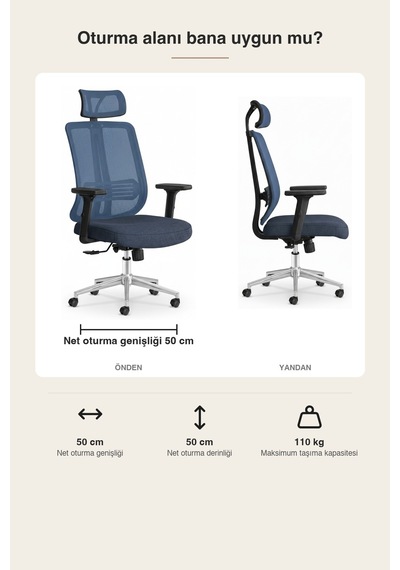 Upstyle Poyraz Başlıklı Fileli Ergonomik Çalışma Koltuğu Mavi Krom Koltuk 66 125 65 Cm