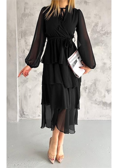 Dip Moda Kadın Astarlı Eteği Kat Kat Şifon Elbise Dpk2041 Siyah