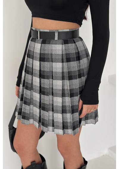 Kadın Pileli Ekose Mini Short Etek Grunge Charm Siyah