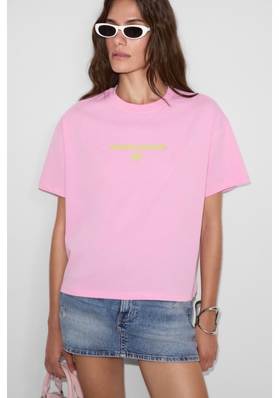 Grımelange Fıneste Kadın Yumuşak Kumaşlı %100 Organik Pamuklu Baskı Detaylı Pembe T-shirt