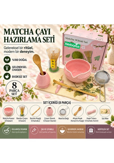 Herbarius 8 Parça Çiçek Desenli Parlak Pudra Pembe Renk Matcha Çayı Hazırlama Seti - Geleneksel Japon Matcha Seti