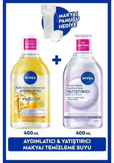 Aydınlatıcı Ve Yatıştırıcı Micellar Makyaj Temizleme Suyu Seti 400ml+400ml Pamuk Hediye,hassas Cilt