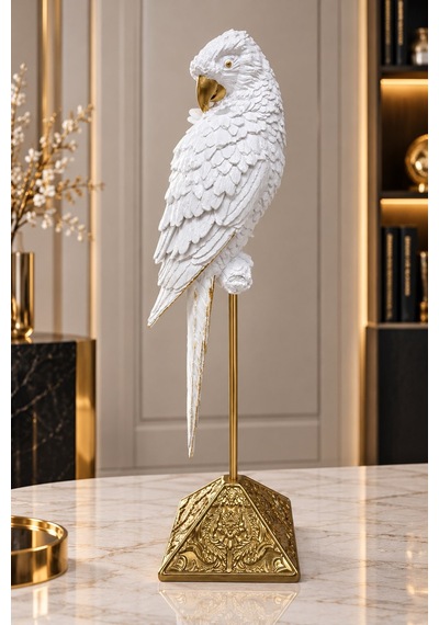 Beyaz Gold Papağan Biblo Dekoratif Ayaklı Salon Ve Ofis Aksesuarı
