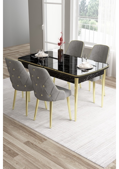 Canisa Tia Serisi, Siyah Mermer Desen 80x132 Açılabilir Mdf Yemek Odası Takımı 4 Gri Sandalye Gold Detay Masa Siyah Mermer Desen Sandalye Gri Canisa Tia Serisi, Siyah Mermer Desen 80x132 Açılabilir Mdf Yemek Odası Takımı 4 Gri Sandalye Gold Detay Masa Siyah Mermer Desen Sandalye Gri